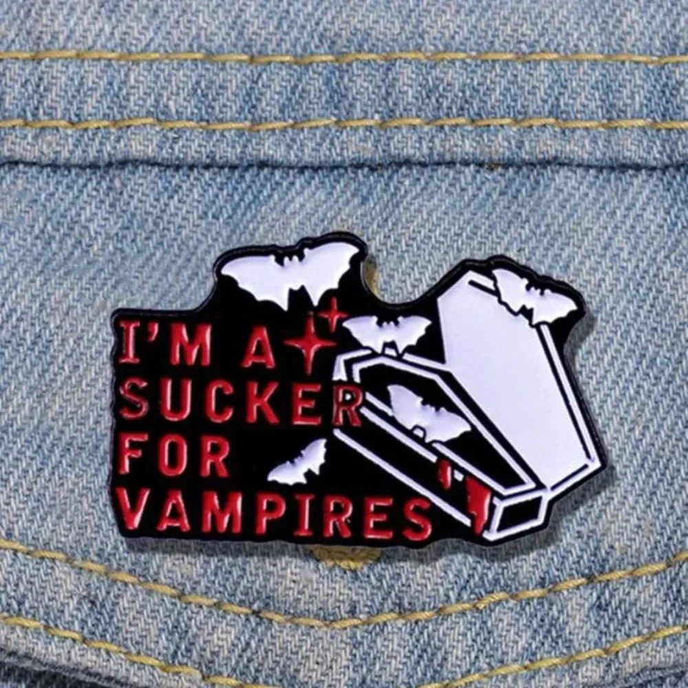 Black white red coffin I’m a Sucker for Vampires Halloween enamel pin bag hat